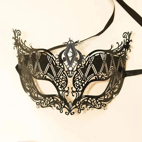 Kristal Gümüş Taşlı Siyah Renk Lazer Kesim Metal Lüks Maske Balo Parti - 3