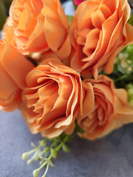 YASİMA 7 Kafalı Şimşir Aranjmanlı turuncu GÜL Demeti Buket Gül Vazo Saksı Dekor aranjman çiçeği - Resim 3