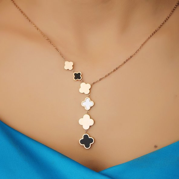 Siyah Beyaz Van Cleef Rose Renk Kolye
