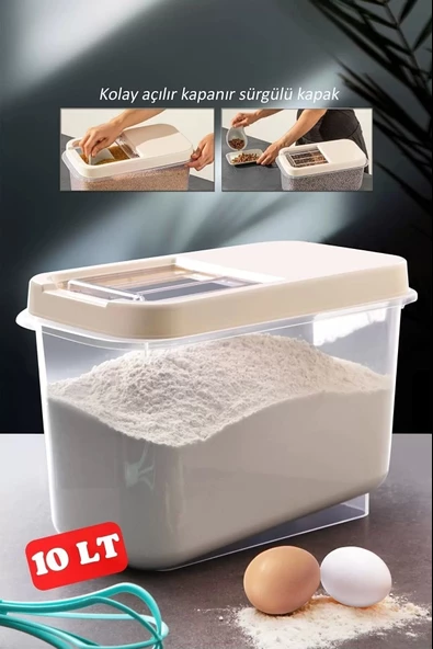 Sürgülü Kapaklı 10 Lt Erzak Bakliyat Un Şeker Saklama Kabı