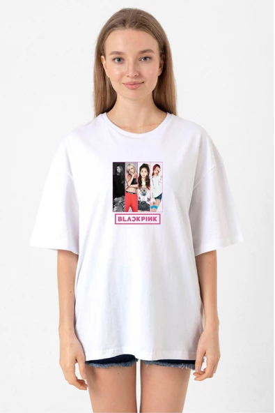 Black Pink Band Beyaz Kadın Oversize Tshirt ürün görseli 1