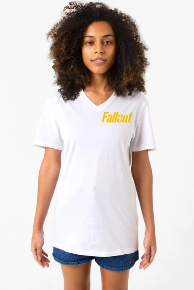 Fallout Lettern Beyaz Kadın V yaka Tshirt