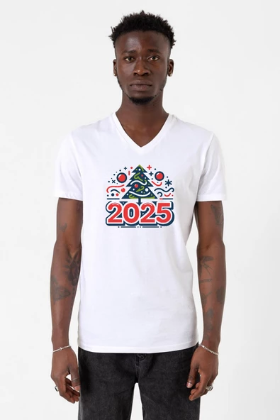 Happy New Year 2025 Essential Beyaz Erkek V yaka Tshirt - 2