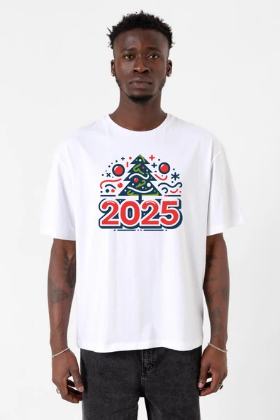 Happy New Year 2025 Essential Beyaz Erkek Oversize Tshirt - Resim 2