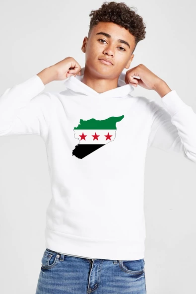Suriye Yeni Bayrak Beyaz Çocuk 3ip Kapşonlu  Sweatshirt - 1