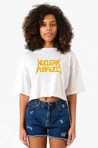 Nuclear Assault Lettern Beyaz Kırçıllı Kadın Crop Tshirt