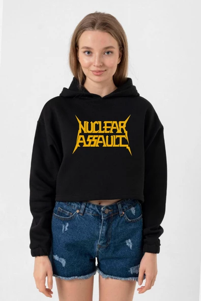 Nuclear Assault Lettern Siyah Kadın Crop Kapşonlu