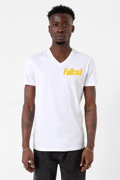 Fallout Lettern Beyaz Erkek V yaka Tshirt - 2
