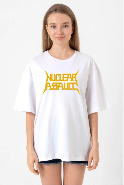 Nuclear Assault Lettern Beyaz Kadın Oversize Tshirt