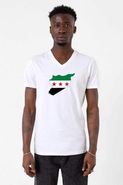 Suriye Yeni Bayrak Beyaz Erkek V yaka Tshirt
