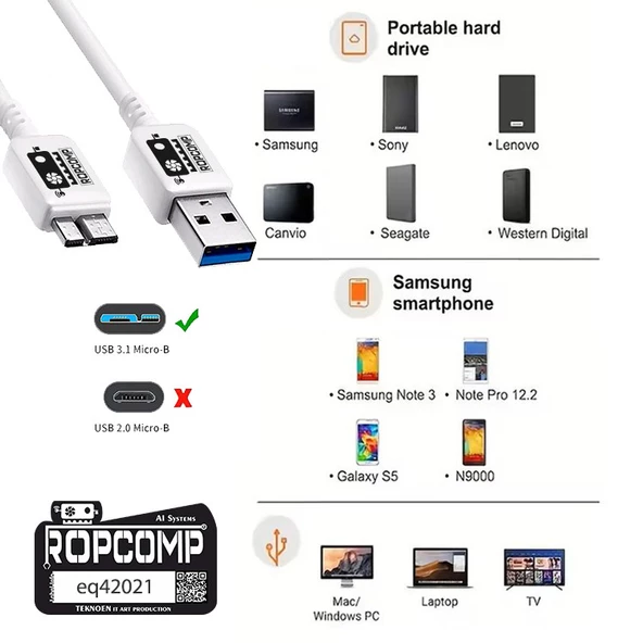 Ropcomp USB Micro-B Data Kablosu USB 2.0 - 4