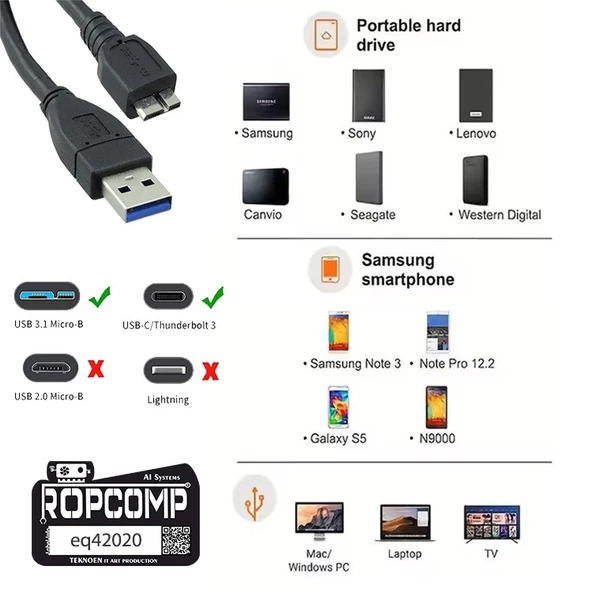 Ropcomp USB Micro-B Superspeed Data Kablosu USB 3.0 - 3