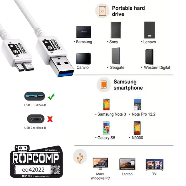 Ropcomp USB Micro-B Superspeed Data Kablosu USB 3.0 - 3