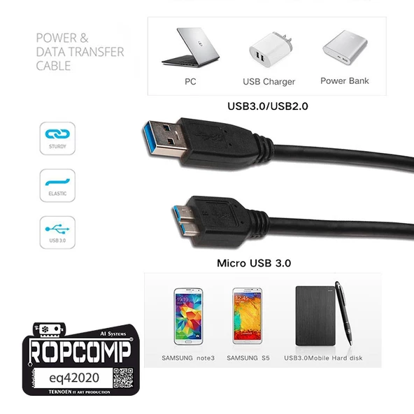 Ropcomp USB Micro-B Superspeed Data Kablosu USB 3.0 - 5