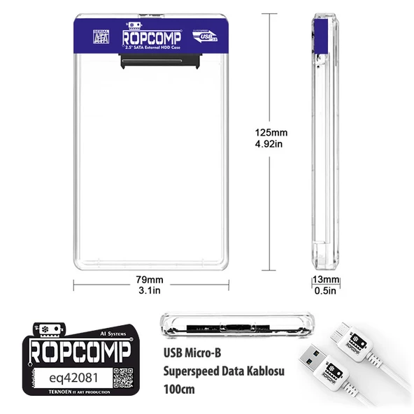 Ropcomp 2.5" USB 3.0 Sata Harici Harddisk Kutusu Şeffaf - 4