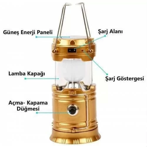 Solar Şarjlı Güneş Enerjili Fan Kamp Feneri Güneş Paneli Kamp Şarjlı Işıldak Usb Şarj - Resim 2