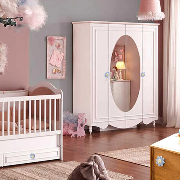 Mobilya Plastik Papatya Gülücüklü Mavi Renk  Çoçuk Odası Dolabı Kapak Kulpu Çekmece Kulbu 1 ADET - Resim 4