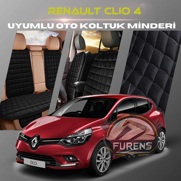 Renault Clio 4 Siyah Renk Tay Tüyü Cepli & Terletmez Sırtlı Oto Koltuk Minder Seti - Koltuk Koruma Kılıfı (ÖN & ARKA TAM SET)