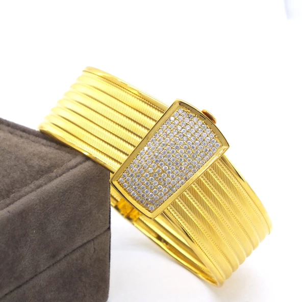 İmitasyon Trabzon Hasırı Altın Kaplama Sıra Taşlı Kelepçe BLZ-381 - 3