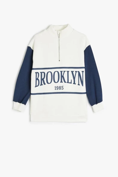 Koton Kız Çocuk Sweatshirt Dik Yaka Yarım Fermuarlı Şehir Baskılı Uzun Kollu - 3