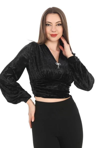 Broş Detaylı Kadife Crop 6007-Siyah - 3