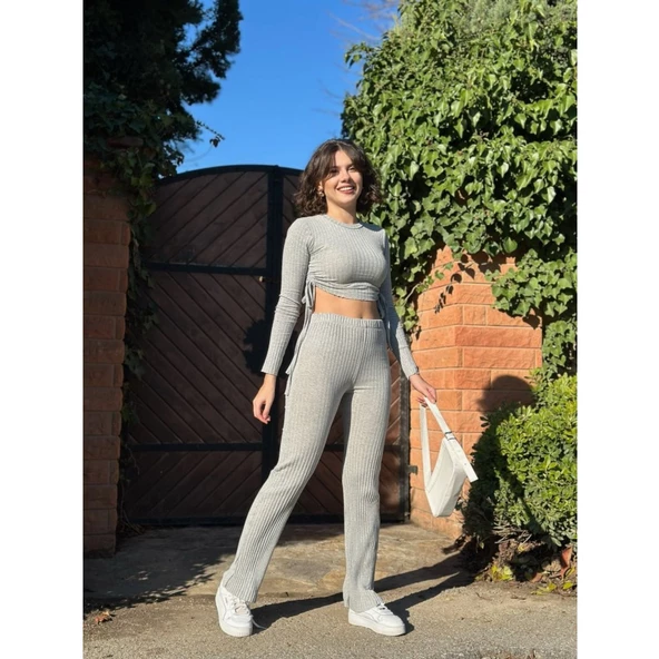 Lucky Life Kadın Yandan Bağlamalı Geniş Paçalı Fitil Kaşkorse İkili Takım - Resim 6