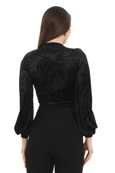 Broş Detaylı Kadife Crop 6007-Siyah - 4