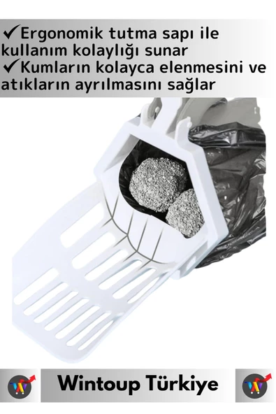 Özel Yüksek Kaliteli Ergonomik Saplı Atık Ayırıcı Elekli Kedi Kum Küreği+12'li Kaka Poşeti Hediyeli - 2