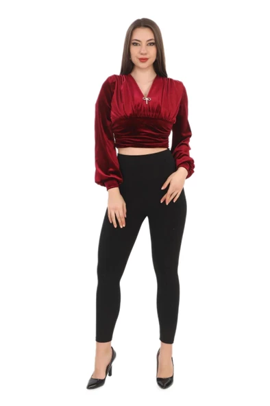 Broş Detaylı Kadife Crop 6007-Bordo