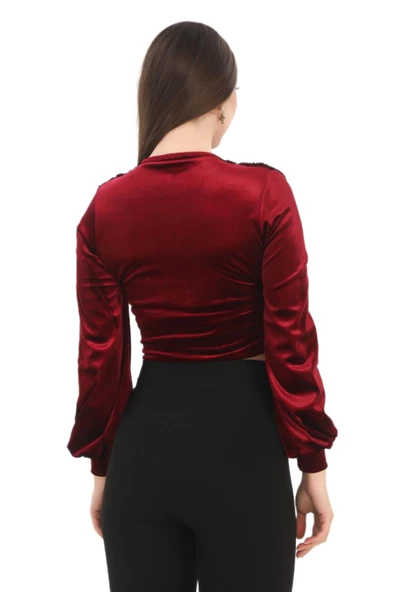 Broş Detaylı Kadife Crop 6007-Bordo - 4