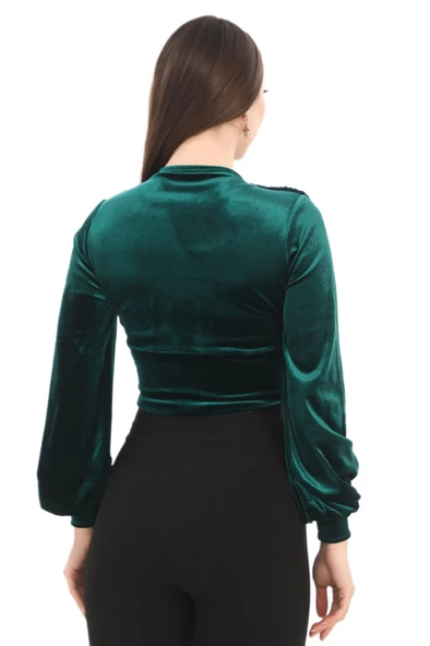 Broş Detaylı Kadife Crop 6007-Zümrüt Yeşili - 4