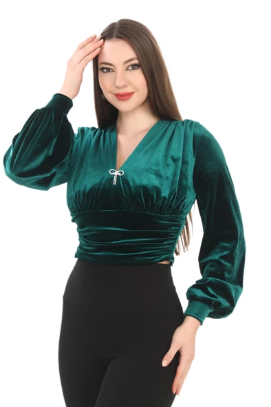 Broş Detaylı Kadife Crop 6007-Zümrüt Yeşili - 2
