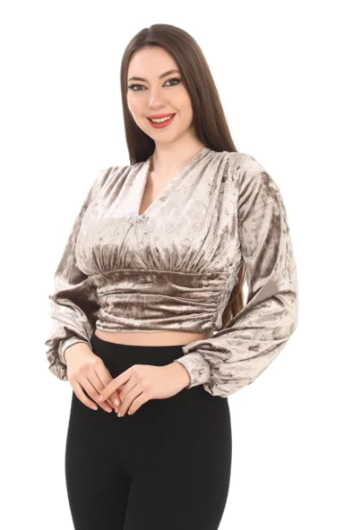 Broş Detaylı Kadife Crop 6007-Vizon - 2