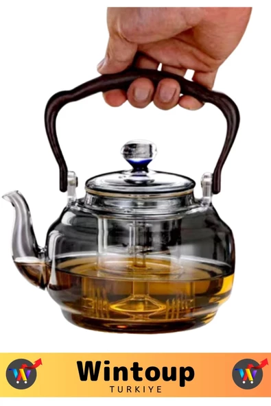 Premium Yüksek Isıya Dirençli Ergonomik Bambu Saplı Borosilikat Cam Şeffaf Çaydanlık 1100 ML - Resim 3