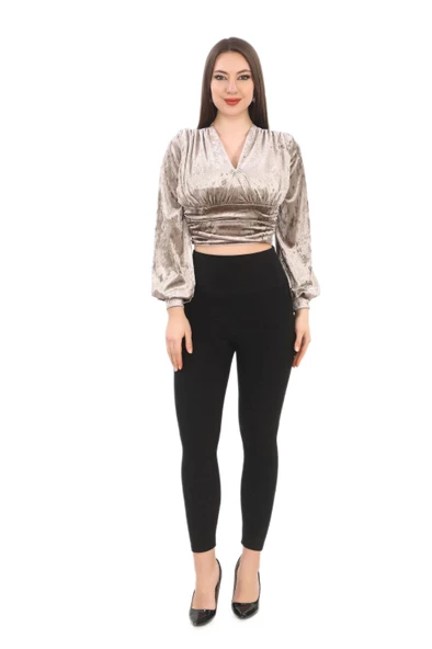 Broş Detaylı Kadife Crop 6007-Vizon