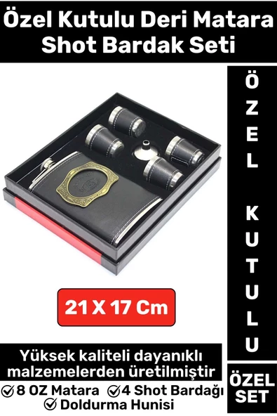 Premium Yüksek Kaliteli Özel Kutulu Siyah 8 OZ Deri Matara 4 Shot Bardak Doldurma Hunisi Set