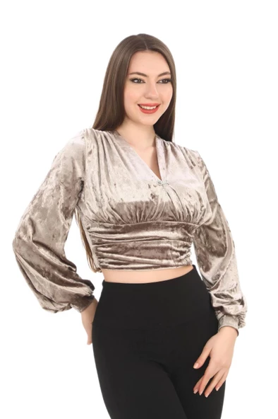 Broş Detaylı Kadife Crop 6007-Vizon - 3