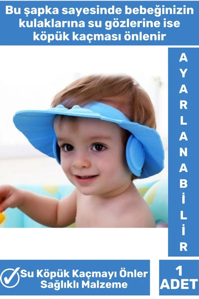 Premium Sağlıklı Malzeme Su Köpük Kaçma Önleyen Ayarlanabilir Düğmeli Kulaklıklı Bebek Banyo Şapkası - 2