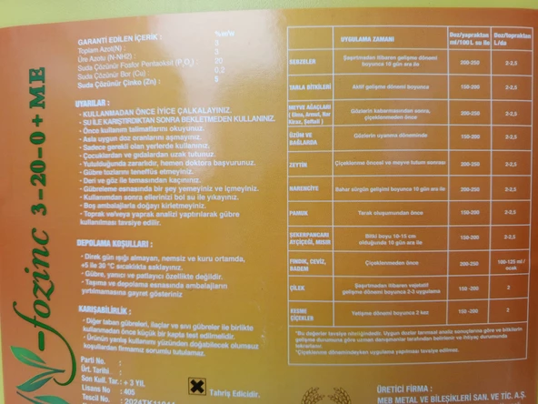 Mebor N-Fozinc 20 Litre - 3-20-0+ME Fosfor Gübresi - 3