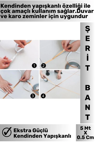 Yüksek Kaliteli Kendinden Yapışkanlı Duvar Karo Zemin 5 Mt X 0.5 Cm Gri Fayans Arası Şerit Bant 4 Ad - Resim 2