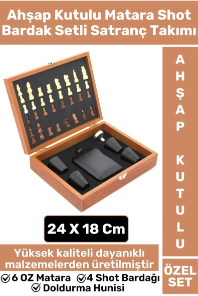 Premium Yüksek Kaliteli Alkol 6 OZ Matara Shot Bardak Huni Setli Ahşap Kutulu Satranç Takımı Seti