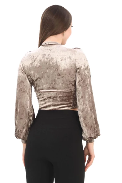 Broş Detaylı Kadife Crop 6007-Vizon - 4