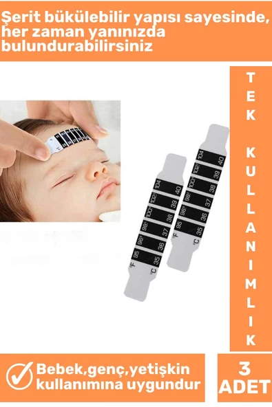 Özel Üretim Tüm Yaşlar İçin Uygun Şerit Bükülebilir Tek Kullanımlık Çocuk Bebek Ateş Ölçer 3 Adet - 2