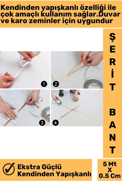 Yüksek Kaliteli Kendinden Yapışkanlı Duvar Karo Zemin 5 MtX0.5 Cm Gold Fayans Arası Şerit Bant 4 Ad - 2