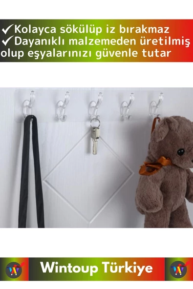 Özel Çok Fonksiyonlu Mutfak Banyo Askısı İz Bırakmaz Kendinden Yapışkanlı 5 Kancalı Askı Seti 2 Adet - 2