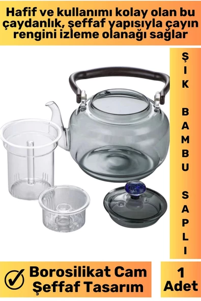 Premium Yüksek Isıya Dirençli Ergonomik Bambu Saplı Borosilikat Cam Şeffaf Çaydanlık 1100 ML - Resim 2