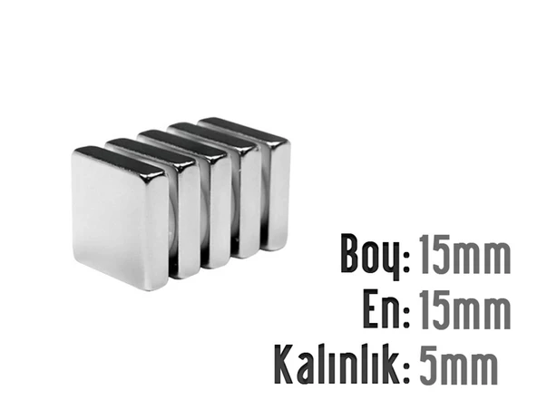 Neodyum Mıknatıs Köşeli  15x15mm , Kalınlık 5 mm ( 5 Adet)