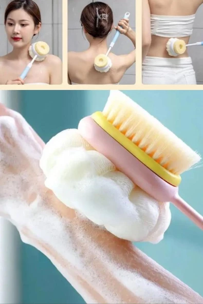 Periboia İki Taraflı Uzun Saplı Fırçalı Banyo Vücut Sırt Fırçası Banyo Lifi