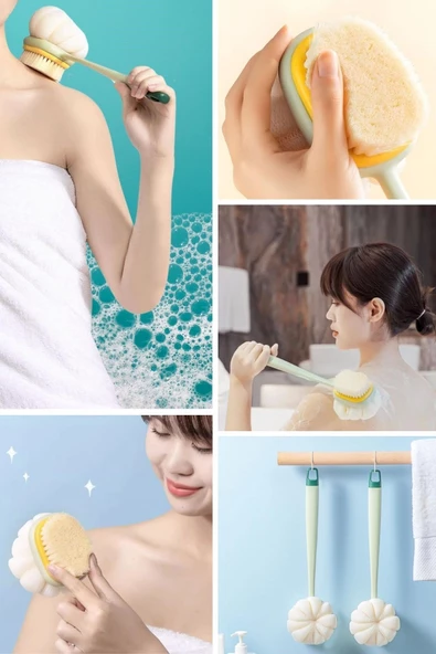 Periboia İki Taraflı Uzun Saplı Fırçalı Banyo Vücut Sırt Fırçası Banyo Lifi - 3