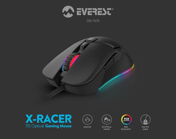 Everest SM-G05 X-RACER Usb Siyah 6400dpi RGB Ledli Gaming Oyuncu Mouse - 2